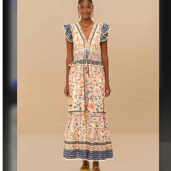 FARM Rio Dresses & Skirts - FARM Rio Cream Floral Maxi Dress with Navy Trim